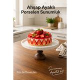 Vienev Ahşap Ayaklı Porselen Sunumluk Pasta Standı Sunum Tabağı Kek Fanusu Tablası 24 cm - Beyaz