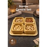 Vienev Alt Tablalı 4'lü Kare Bambu Çerezlik Seti 9 cm Kaseli 22 cm Tepsili Sunum ve İkram Servis Takımı