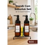 Vienev Amber Cam Sıvı Sabunluk Seti - Siyah Metal Standlı Süngerlikli 2li Set 500cc