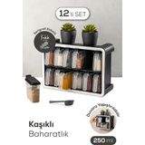 Vienev Beyaz Serigrafi Etiketli 12li 250 ml Standlı Kendinden Yapışkanlı Kaşıklı Baharatlık Seti Siyah - Antrasit
