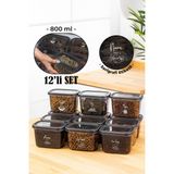 Vienev Beyaz Serigrafi Etiketli 12LI Peggy Dikdörtgen Saklama Kabı Seti 800 ml Antrasit