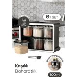 Vienev Beyaz Serigrafi Etiketli 6lı 500 ml Standlı Kendinden Yapışkanlı Kaşıklı Baharatlık Seti Siyah - Antrasit