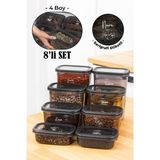 Vienev Beyaz Serigrafi Etiketli 8li Peggy Dikdörtgen Saklama Kabı Seti 2X(1500-1150-800-400 Ml) Antrasit