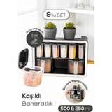 Vienev Beyaz Serigrafi Etiketli 9lu Standlı Kendinden Yapışkanlı Kaşıklı Baharatlık Seti Siyah - Antrasit
