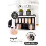 Vienev Beyaz Serigrafi Etiketli 9'lu Standlı Kendinden Yapışkanlı Kaşıklı Baharatlık Seti Siyah