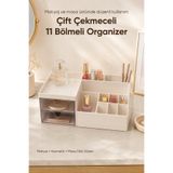 Vienev Çift Çekmeceli 11 Bölmeli Organizer Makyaj Kozmetik Masaüstü Düzenleyici Çok Amaçlı Saklama Kutusu