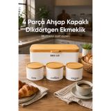 Vienev Dikdörtgen Ahşap Kapaklı Metal Ekmek Kutusu Ve 3lü Yuvarlak Çay Kahve Şeker Saklama Kabı Seti Beyaz
