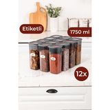 Vienev Etiketli Kare Erzak Saklama Kabı 12'li Set Büyük Boy 1,75 Litre Antrasit - 1,75 lt