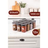 Vienev Etiketli Kare Erzak Saklama Kabı 12'li Set Orta Boy 1,2 Litre Antrasit - 1,2 lt