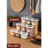 Vienev Etiketli Kare Erzak Saklama Kabı 9'lu Set 3x 0,55 Litre, 1,2 Litre, 1,75 Litre Beyaz Çok Renkli