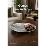 Vienev Gümüş Renk Dövme Desenli Metal Sunum Tepsisi 19 cm - Çikolata Lokumluk Çerezlik Dekoratif Tepsi
