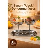 Vienev Metal Paslanmaz 2li Dondurmalık Uzun Ayaklı Kase ve Sunum Tepsisi Seti Kayık Tabaklı