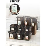 Vienev Renkli Etiketli 9lu Set Peggy Dikdörtgen Saklama Kabı 3x(1,3-2-3,2 Litre) Antrasit