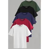 Vien&Karl Erkek Beyaz-Siyah-Laci-Bordo-Yeşil Slim Fit Bisiklet Yaka Pamuk Elastan 5'li Basic Tişört - Çok Renkli - 2XL