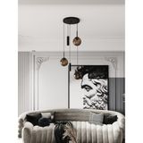 Vienna Modern Siyah Metal Gövdeli 5'li Sarkıt Avize - 3 Bal Cam Küre 2 LED Spot, E27 DUY-G10 Duy - Siyah - Bal Rengi