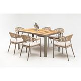 Vieno Home Garden Rita Alüminyum Bahçe Balkon 100x200 Masa Takımı Ahşap Tablalı 6 Sandalyeli Bej