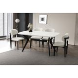 Viento Mobilya Anka Kar Beyaz Highgloss Açılır 160X90 Masa 6 Adet Bukle Kumaş Ahşap Nergis Sandalye Masa Takımı - Kırık Beyaz - 160 X 90