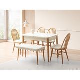 Viento Mobilya Atina Kar Beyaz Renk Highgloss Açılır 110X70 Masa 4 Adet Bambu Sandalye 1 Adet Carla Calve Kumaş Naturel Ahşap Iskelet Bank Masa Takımı - Karbeyaz - 110 x 70