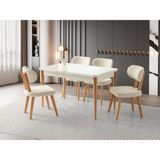 Viento Mobilya Atina Kar Beyaz Renk Highgloss Açılır 130X80 Masa 6 Adet Masal Calve Kumaş Naturel Ahşap Iskelet Sandalye Masa Takımı - Karbeyaz - 130 x 80