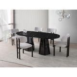 Viento Mobilya Bohem Sonato Highgloss Sabit 180X90 Masa Tuna 8 Adet Beyaz Bukle Kumaş Sandalye Masa Takımı - Mermer Desen - Beyaz - Siyah - 180 X 90