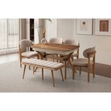 Viento Mobilya Çınar Açılır Ahşap Ayak 130X80 Masa 6 Kişilik Bukle Kumaş Ahşap Nergis Sandalye Bench Masa Takımı - Ahşap Desenli - 130 X 80
