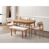 Viento Mobilya Kelebek Kaşıklıklı Çam Desen Açılır 140X80 Masa 4 Adet Ahşap Polo Sandalye 1 Adet Bohem Bench Puffy Kumaş Naturel Iskelet Masa Takımı - 140 x 80