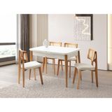 Viento Mobilya Kelebek Tekno Kenar Kar Beyaz Renk Highgloss Açılır 110X70 Masa 4 Adet Zion Calve Kumaş Naturel Ahşap Iskelet Sandalye Masa Takımı - Karbeyaz - 110 x 70