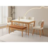 Viento Mobilya Marsilya Aytaşı Renk Highgloss Açılır 130X80 Gürgen Naturel Kasa Masa 4 Adet Masal Calve Kumaş Sandalye 1 Adet Kayra Bench Naturel Iskelet Masa Takımı - 130 x 80