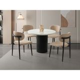 Viento Mobilya Orkide Yuvarlak Kar Beyaz Renk Highgloss Sabit 100X100 Masa 6 Adet Metal Polo Puffy Kumaş Siyah Iskelet Sandalye Masa Takımı - Karbeyaz - 100 x 100