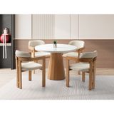 Viento Mobilya Orkide Yuvarlak Kar Beyaz Renk Highgloss Sabit 100X100 Masa 6 Adet Viyana Calve Kumaş Naturel Ahşap Iskelet Sandalye Masa Takımı - Karbeyaz - 100 x 100