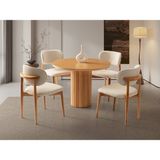 Viento Mobilya Orkide Yuvarlak Kayın Renk Mdf Sabit 100X100 Masa 4 Adet Ahşap Polo Puffy Kumaş Naturel Ahşap Iskelet Sandalye Masa Takımı - Karbeyaz - 100 x 100