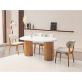 Viento Mobilya Stella Kar Beyaz Highgloss Renk Açılır 160X90 Masa 6 Adet Aras Calve Kumaş Naturel Iskelet Sandalye Masa Takımı - Karbeyaz - 160 x 90