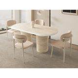 Viento Mobilya Stella Traverten Desen Mdf Açılır 160X90 Masa 6 Adet Ahşap Polo Puffy Kumaş Cappicino Iskelet Sandalye Masa Takımı - 160 x 90