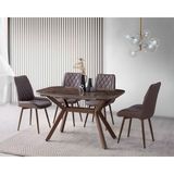 Viento Mobilya Valentin Kuvars Hg Açılır 130X80 Masa Riva 4 Adet Kahve Suni Deri Kumaş Sandalye Masa Takımı - Mermer Desen - Kahve - Krem - 130 X 80