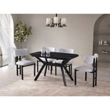 Viento Mobilya Valentin Sonata Highgloss Açılır 130X80 Masa Tuna 4 Adet Beyaz Bukle Kumaş Sandalye Masa Takımı - Mermer Desen - Beyaz - Siyah - 130 X 80