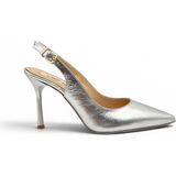 Vieris Gümüş Metalik Hakiki Deri Toka Detaylı Sivri Burun Slingback Kadın Stiletto (34201) - Gümüş - Beyaz