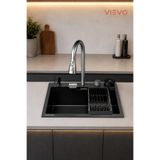 Vievo Aura 60cm Akıllı, Ledli, Dijital Sıcaklık Göstergeli, 2YIL GARANTİLİ SİYAH Çelik Eviye Seti - Bal Peteği Kaplamalı - 1 Basket Dahil
