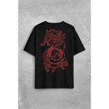 Viking Fenrir Wolf Vikings Kurt Kafa Street Urban Sırt Ön Baskılı Oversize Tişört Unisex T-Shirt - Siyah - XL