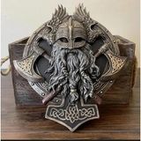 Viking Valhalla Odin Duvar Panosu, Taş Duvar Büstü, Çift Karga Detaylı, Kelt Desenleri, 25x22 cm