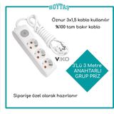 Viko 3'lü 3 Metre Anahtarlı Grup Priz-Beyaz(Öznur3*1,5 Kablo Kullanılır)