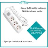 Viko 3'lü 5 Metre Anahtarlı Grup Priz-Beyaz(Öznur 3*1,5 Kablo Kullanılır)
