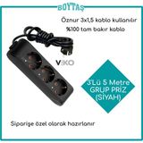 Viko 3'lü 5 Metre Grup Priz-Siyah(Öznur 3*1,5 Kablo Kullanılır)