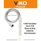Viko 6'lı 9 Metre Topraklı Çocuk Korumalı Kablolu Grup Priz (Düz Fiş) - Beyaz - Gümüş