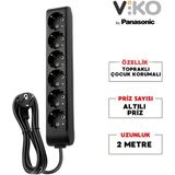 Viko | Altılı Grup Priz, Topraklı - Çocuk Korumalı Çoğaltıcı Priz, 6'lı, 2 M, Siyah - Topraklı Çocuk Korumalı Grup Priz