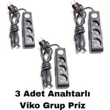 Viko Ekonomik Siyah 3'lü Anahtarlı Topraklı Çocuk Korumalı Grup Priz 10 Metre Kablo (3 Adet)
