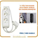 Viko HO5VV-F 3'lü Beyaz Topraklı Çocuk Korumalı 3x1.5 3 m Ünal Kablo Tam Bakır Uzatma Kablo