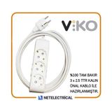 Viko Multi-Let 3'lü 3x2.5 25 m Öznur Kablo Tam Bakır Topraklı Çocuk Korumalı Uzatma Grup Priz