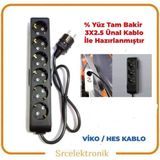 Viko Multi-Let 6 Li Ünal Kablolu Siyah (1 ile 10 Metre Arası) Topraklı Çocuk Korumalı Uzatma ( 3x2.5 Ünal Kablo Tam Bakır) Ttr Kablo Tseli HO5VV-F - 1 METRE