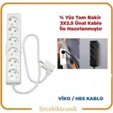 Viko Multi-Let 6'lı Ünal Kablolu Beyaz (12 ile 40 Metre Arası) Topraklı Çocuk Korumalı Uzatma ( 3x2.5 Ünal Kablo Tam Bakır) Ttr Kablo HO5VV - 35 METRE