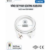 Viko Seyyar Uzatma Kablosu 1 Metre 3x2.5 mm Cca Kablo | Orijinal Viko Erkek Dişi Fiş | Klemensli Terminalli | Topraklı | Tse Ce Belgeli - Beyaz